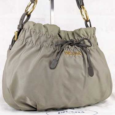 Prada Handbag One-Shoulder Bag Gather Ribbon Khaki