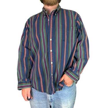 John Ashford Vintage Large Long Sleeve Vintage Collared Striped Colorblock Shirt popular