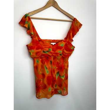 Escada Vintage Orange Flowy Floral Blouse Size 6 - image 1