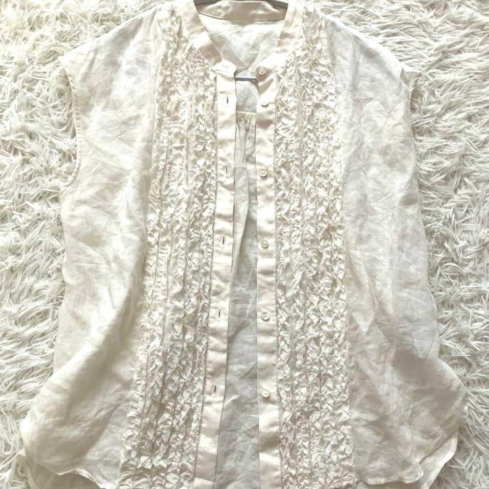 Band collar frill blouse for everyday wear Linen … - image 3