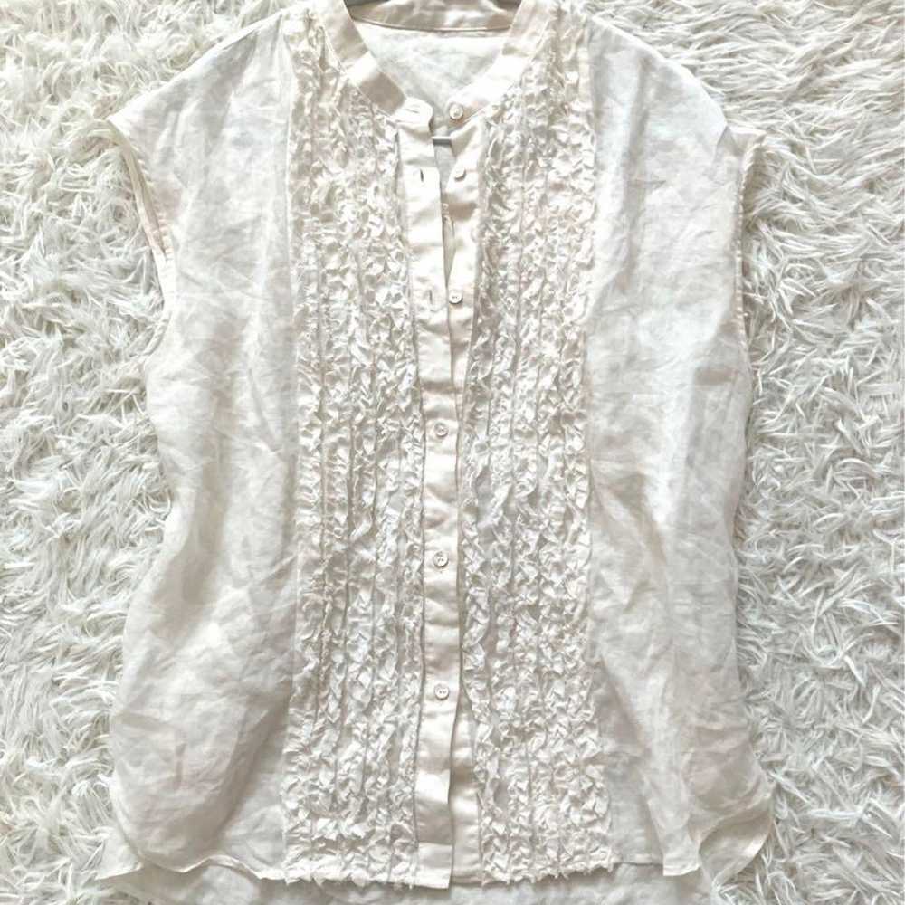 Band collar frill blouse for everyday wear Linen … - image 4