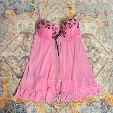 Vintage Y2K pink and black mesh lingerie / cami t… - image 1