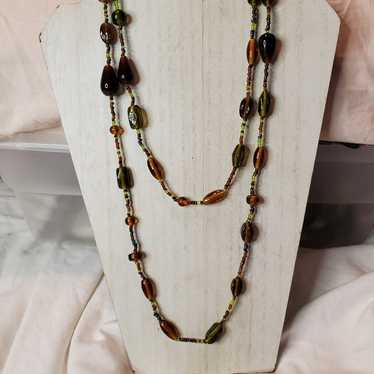 Vintage Green & Amber Handspun Glass Beaded Opera… - image 1