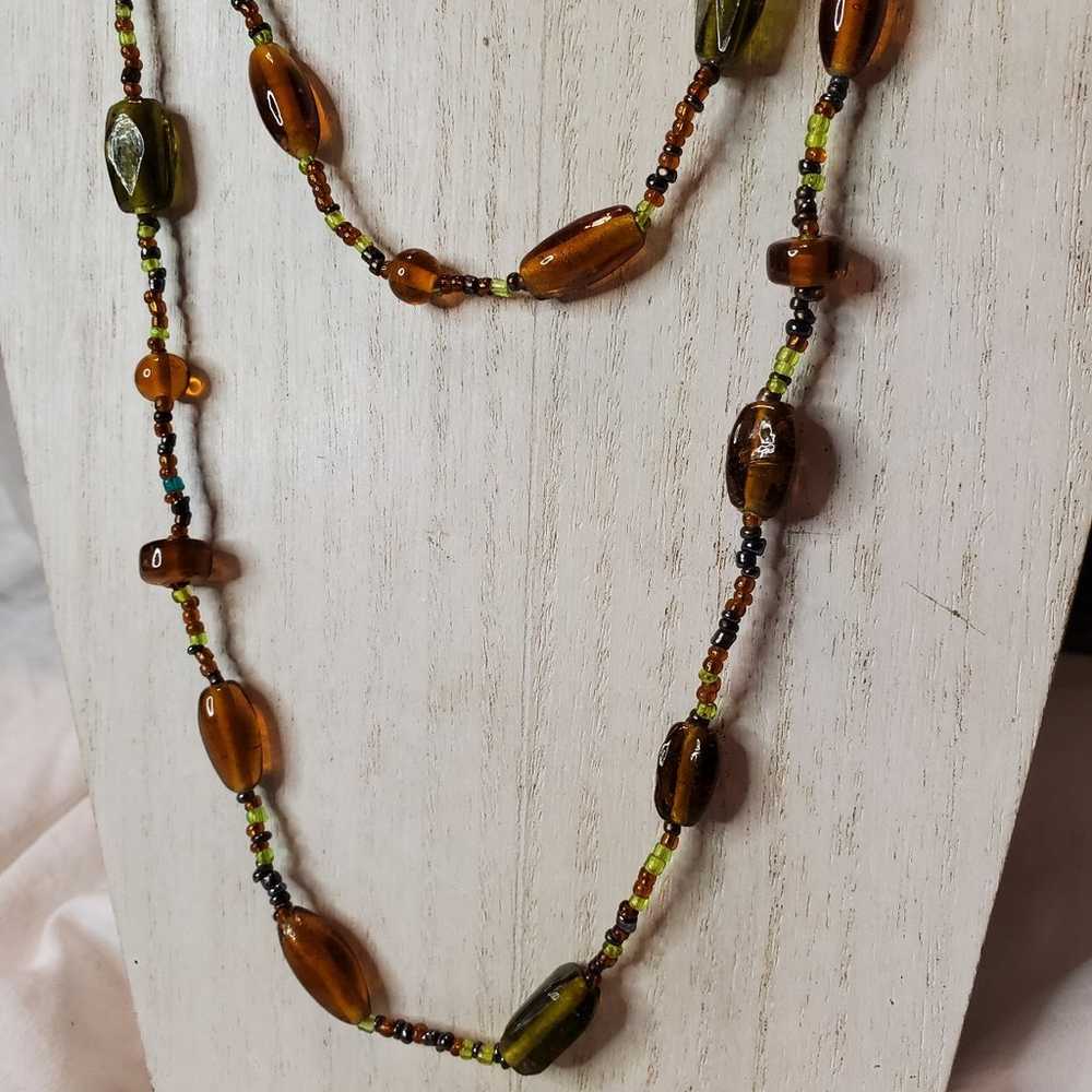 Vintage Green & Amber Handspun Glass Beaded Opera… - image 2