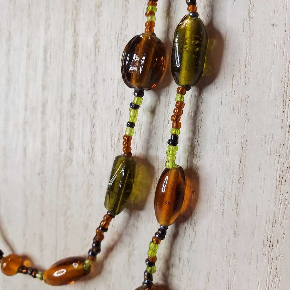 Vintage Green & Amber Handspun Glass Beaded Opera… - image 3