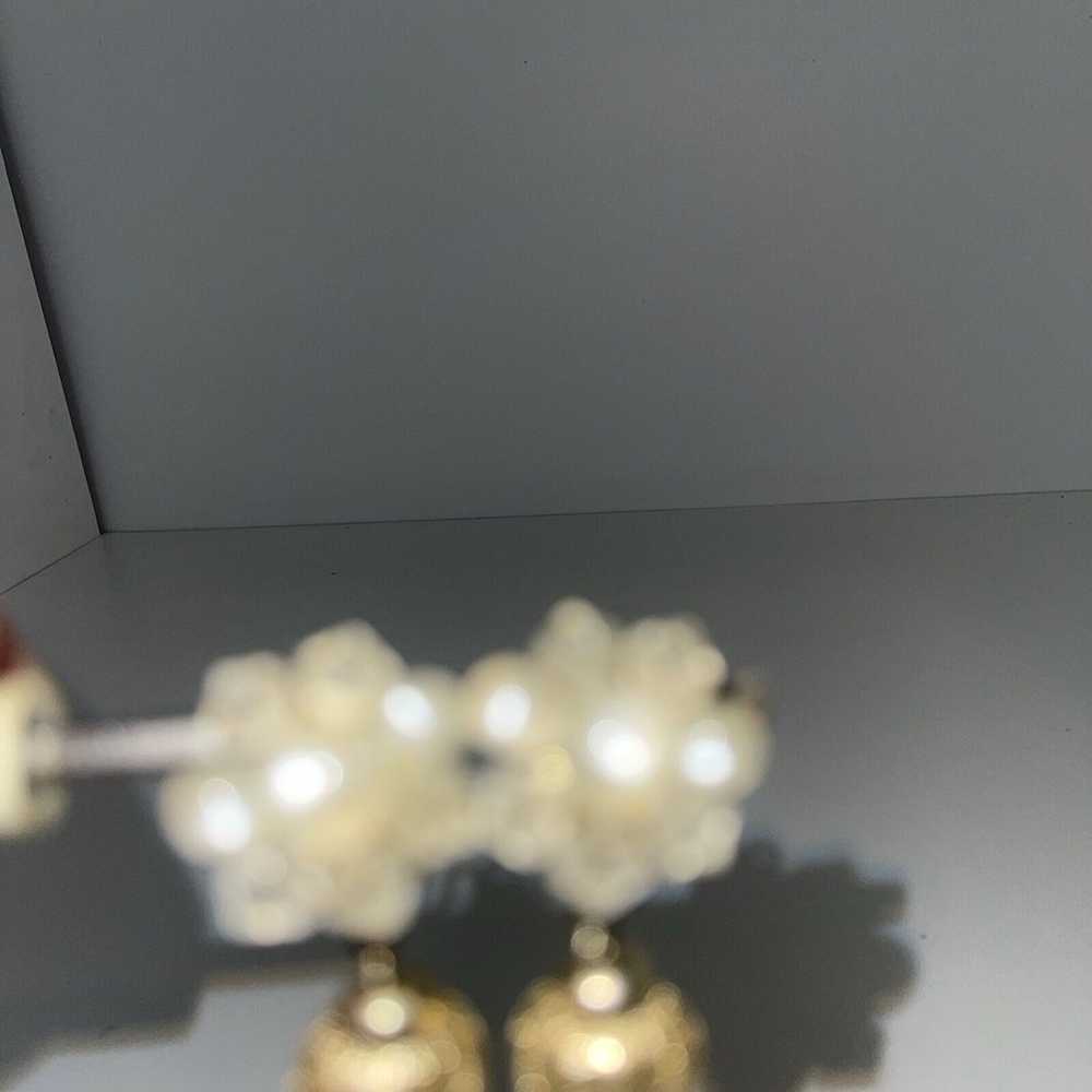 Vintage Gold Tone Faux Pearl Beaded Cluster Dangl… - image 3