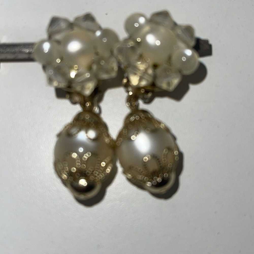 Vintage Gold Tone Faux Pearl Beaded Cluster Dangl… - image 4