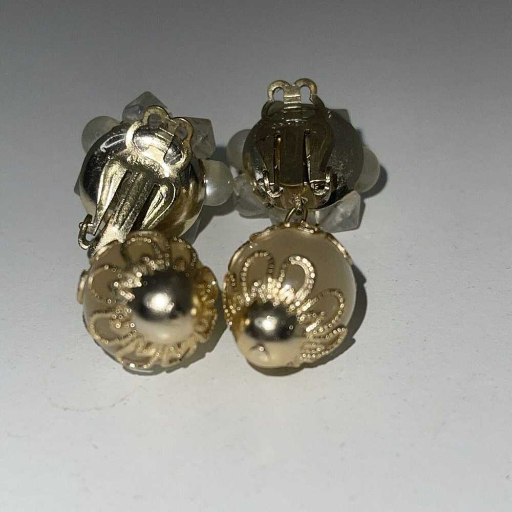 Vintage Gold Tone Faux Pearl Beaded Cluster Dangl… - image 7