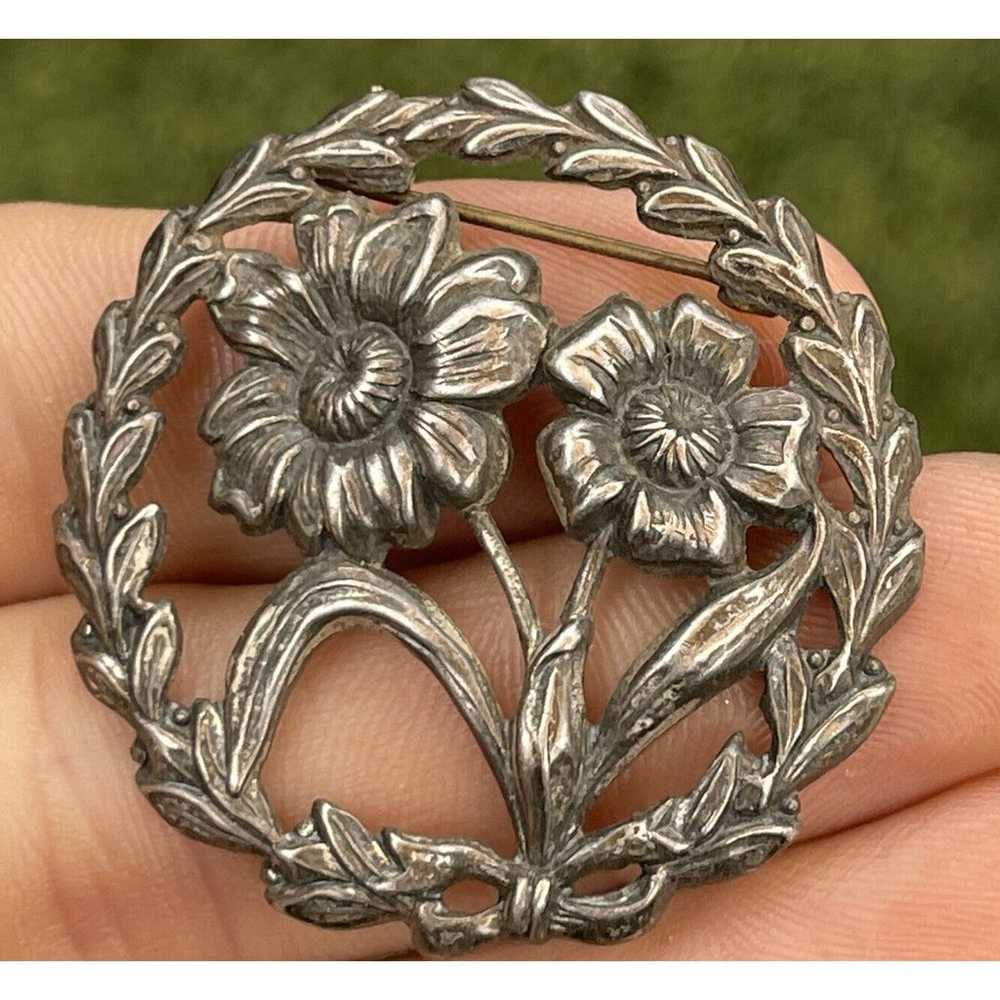 Vintage Sterling Silver Brooch Pin 925 Wreath Lea… - image 2