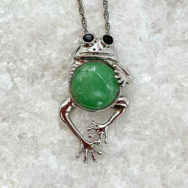 Genuine Green Jade Sterling Silver Frog Pendant N… - image 1