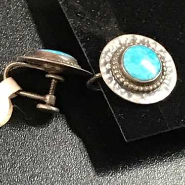 Vintage Sterling silver and Turquoise Clip Earrin… - image 1