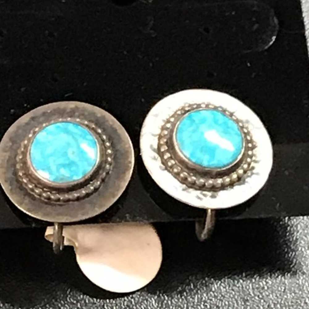 Vintage Sterling silver and Turquoise Clip Earrin… - image 3