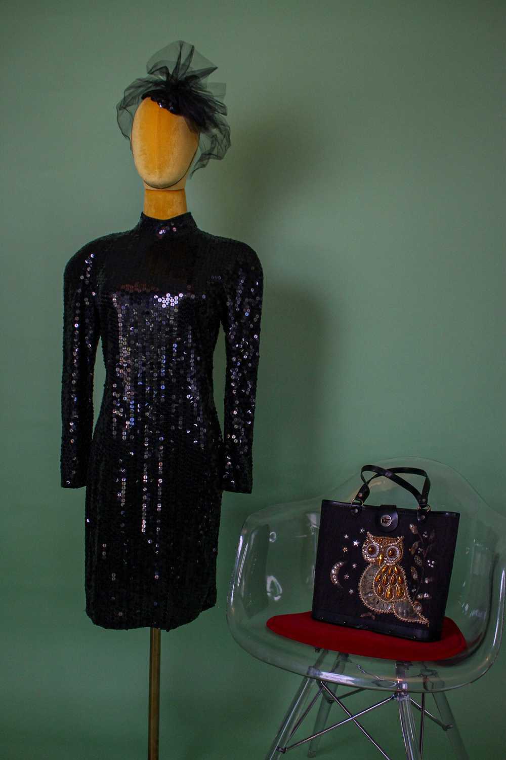 Vintage 80s "Oleg Cassini" Black Sequin Open Back… - image 1