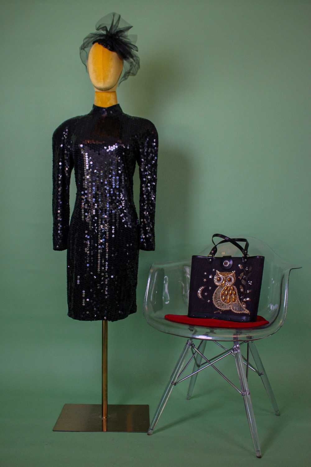 Vintage 80s "Oleg Cassini" Black Sequin Open Back… - image 2