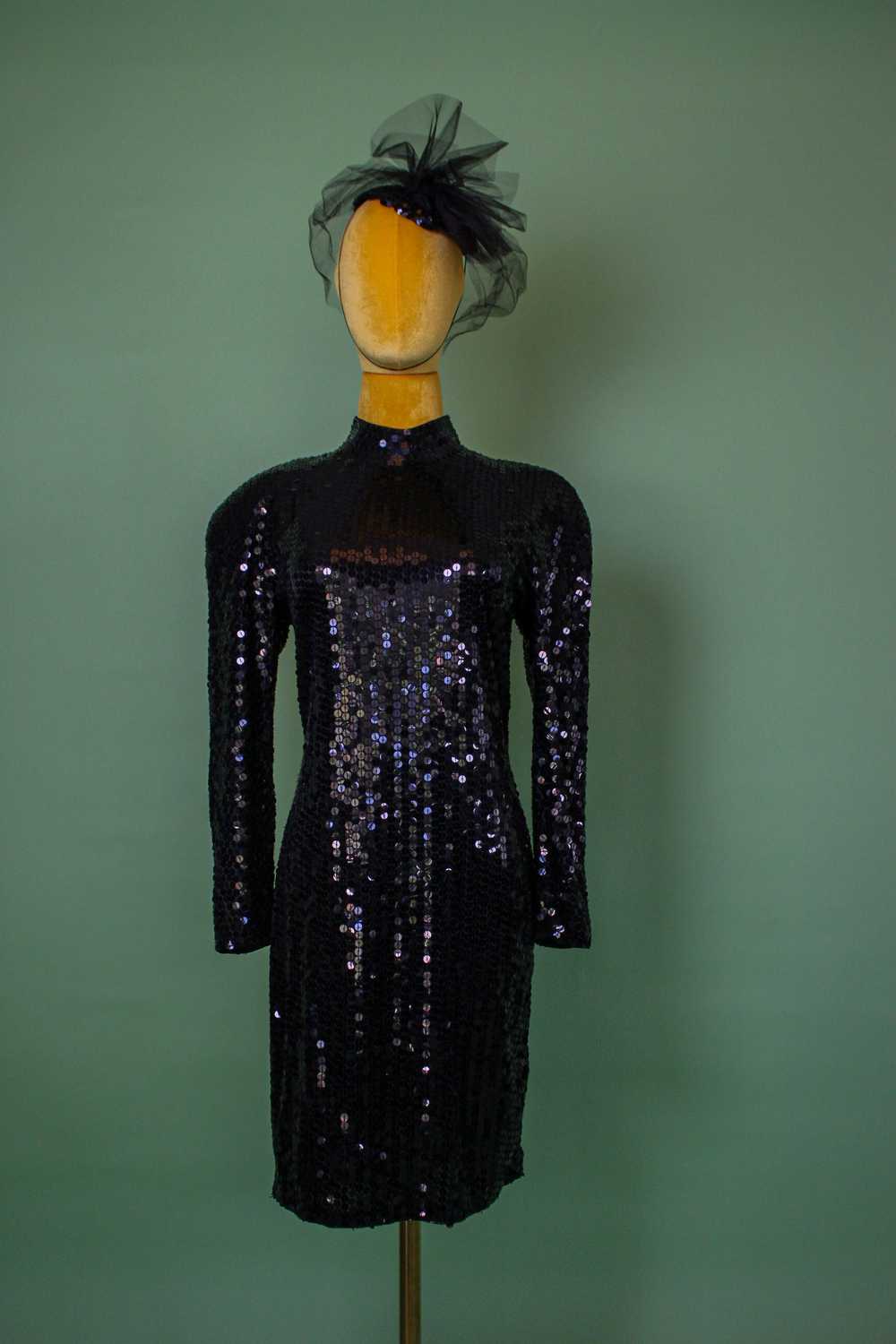 Vintage 80s "Oleg Cassini" Black Sequin Open Back… - image 4