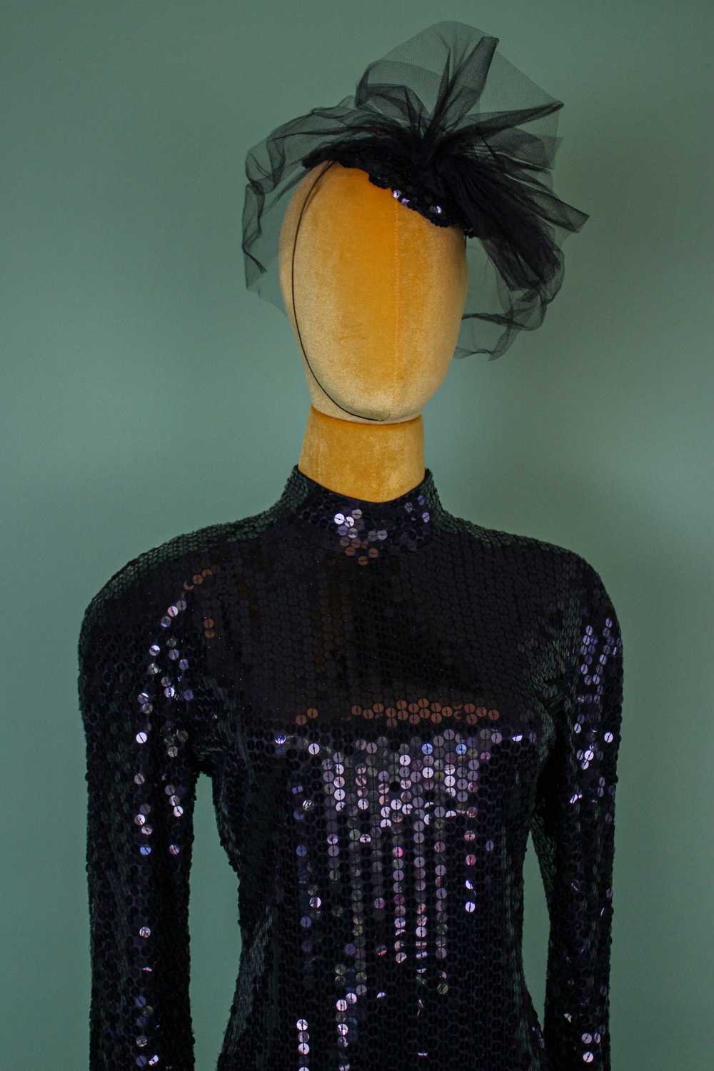 Vintage 80s "Oleg Cassini" Black Sequin Open Back… - image 6