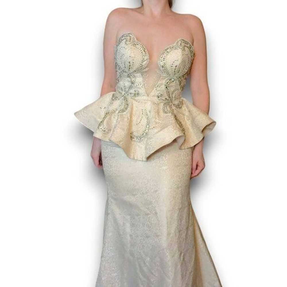 Vintage Mac Duggal Cream Strapless Peplum Tapestr… - image 1