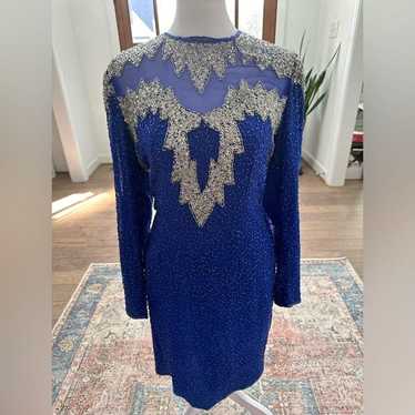 VTG Stenay Electric Blue & Silver Sequin Glam Dre… - image 1