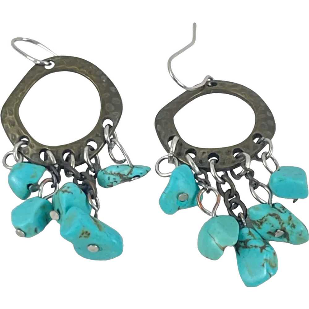 Handcrafted Turquoise Dangle Earrings Hammered Br… - image 1