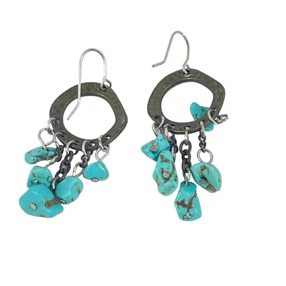 Handcrafted Turquoise Dangle Earrings Hammered Br… - image 2