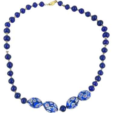 Vintage Blue Italian Millifore Bead Necklace With 