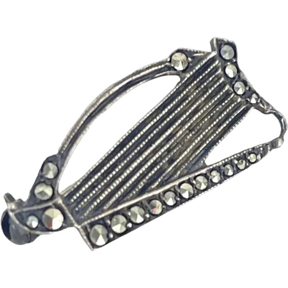 Sterling Vintage Marcasite Harp Brooch Pin Celtic… - image 1