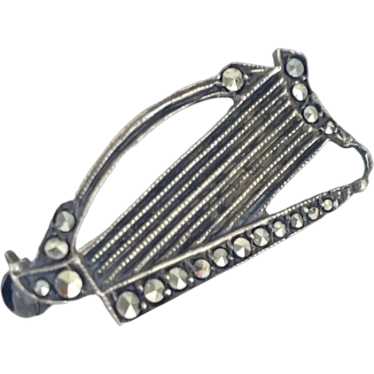 Sterling Vintage Marcasite Harp Brooch Pin Celtic… - image 1