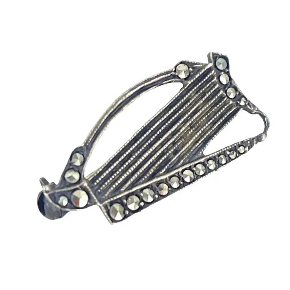 Sterling Vintage Marcasite Harp Brooch Pin Celtic… - image 2