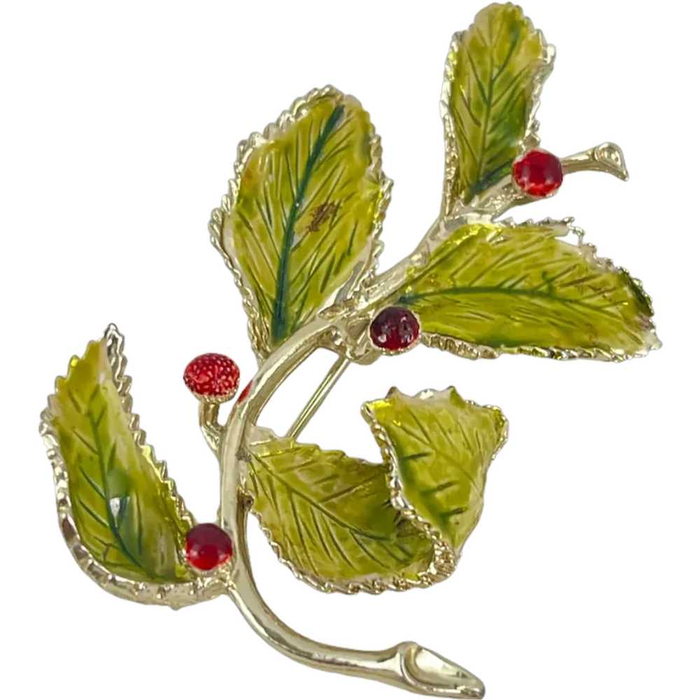 Coro Vintage Holly Leaf Brooch With Red Berries G… - image 1