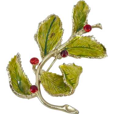 Coro Vintage Holly Leaf Brooch With Red Berries G… - image 1