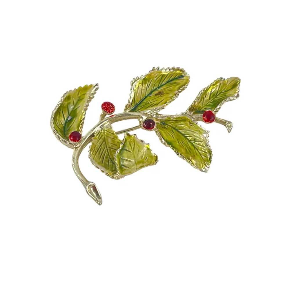 Coro Vintage Holly Leaf Brooch With Red Berries G… - image 2