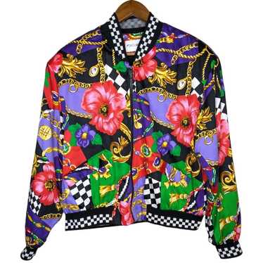 Vintage 80s Silky Baroque Bomber Jacket 14 Floral… - image 1