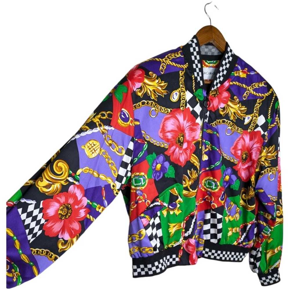 Vintage 80s Silky Baroque Bomber Jacket 14 Floral… - image 3