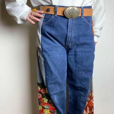 【Remake Denim Japanese Pattern Wide Pants Bordeau… - image 1