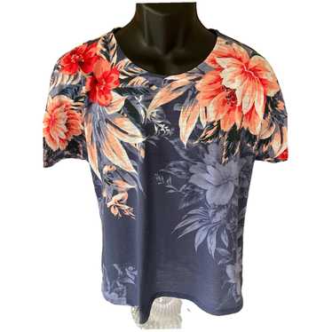 Vintage Women's Medium Blue Pink Peach Floral Pat… - image 1