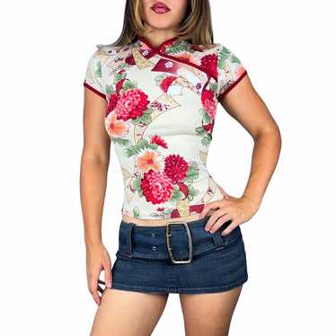 Y2K Slinky Floral Asian Inspired Top (M) - image 1