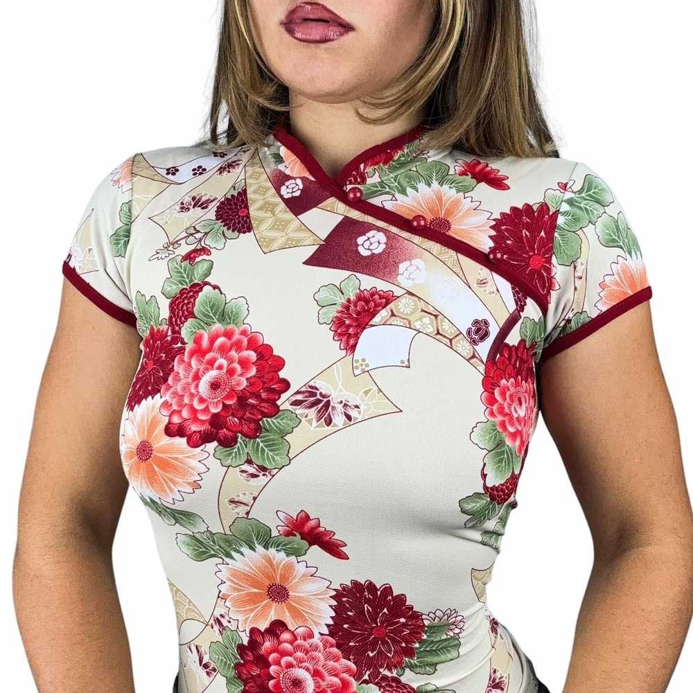 Y2K Slinky Floral Asian Inspired Top (M) - image 3