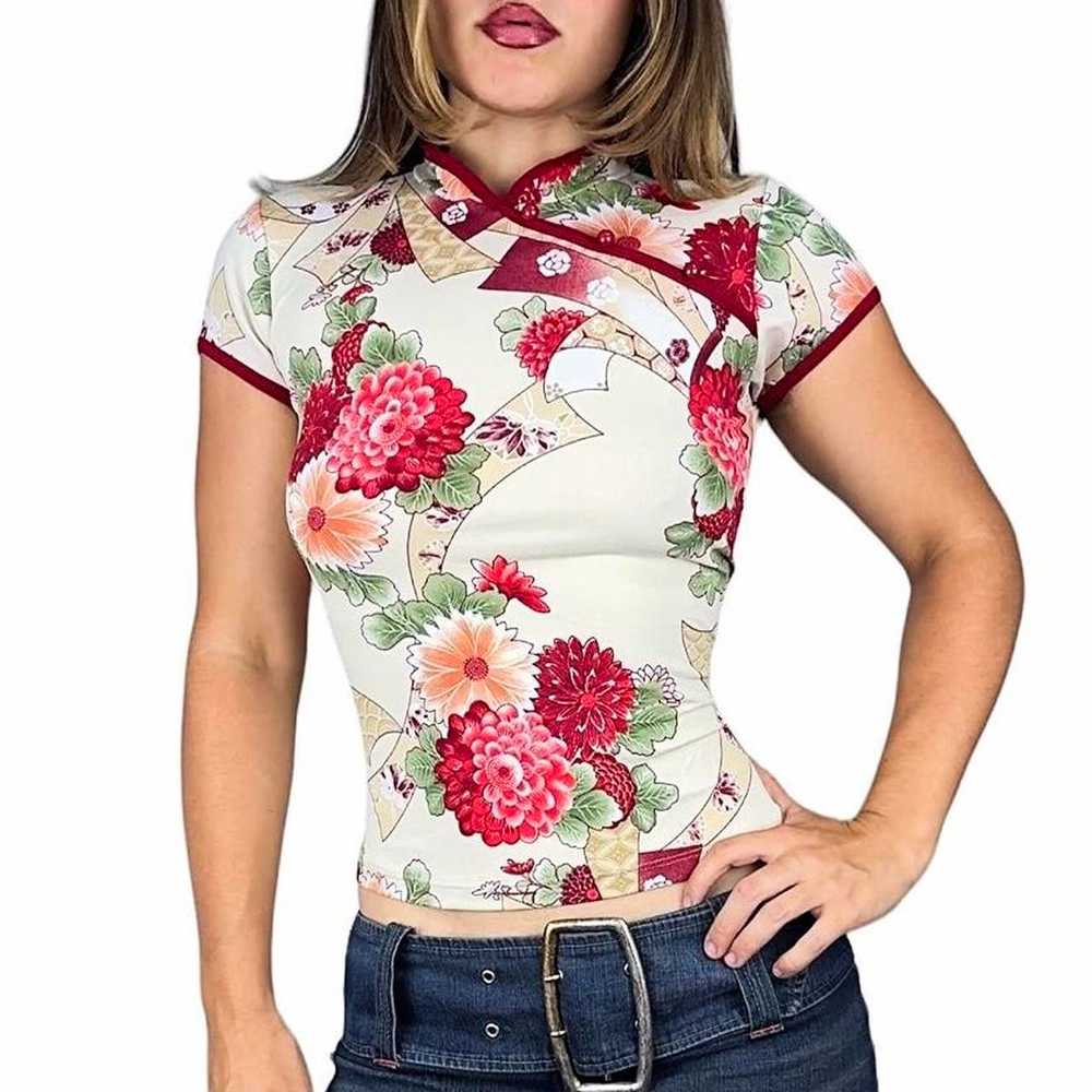 Y2K Slinky Floral Asian Inspired Top (M) - image 4