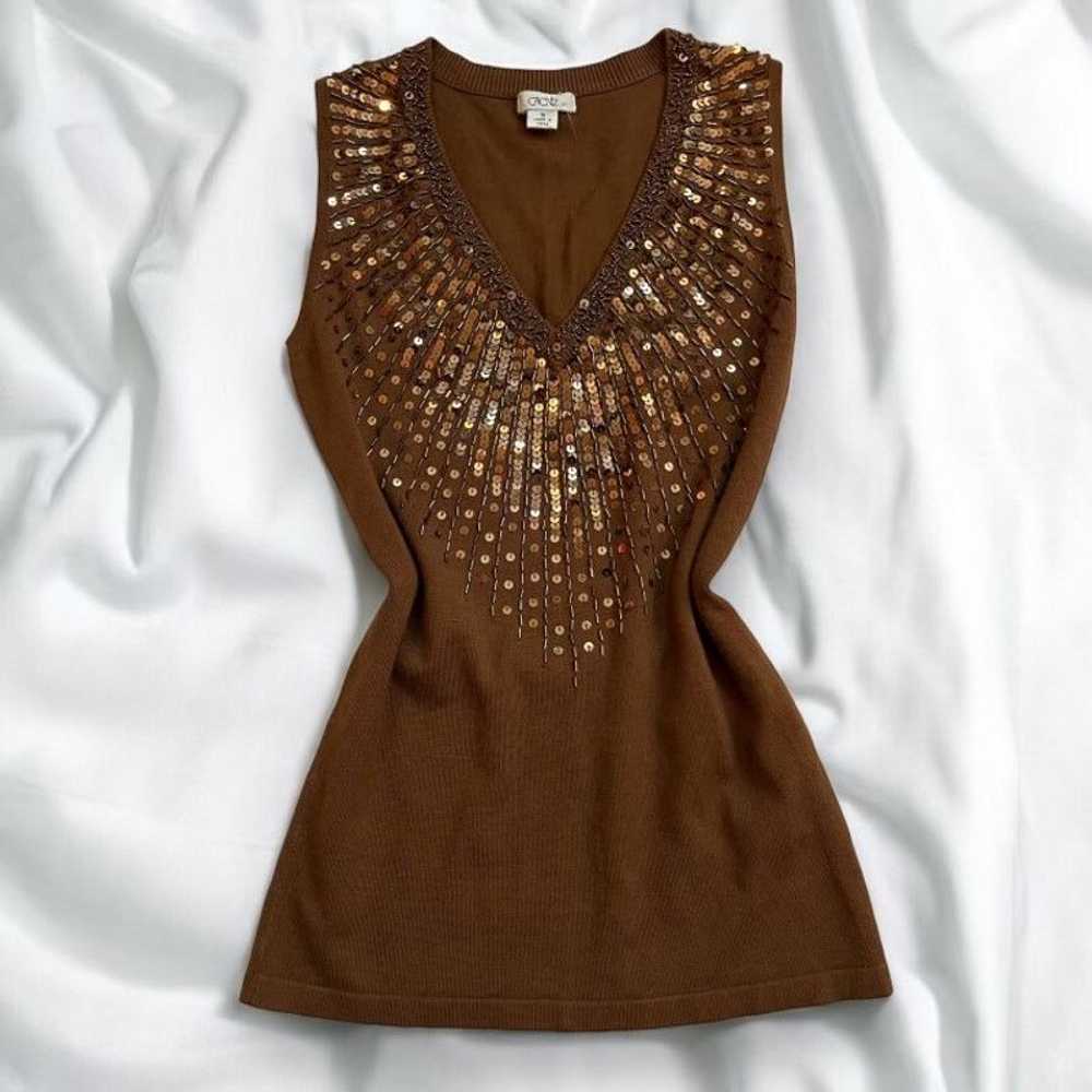 Vintage 90s Y2K CACHE Beaded Sequined Brown V-Nec… - image 2