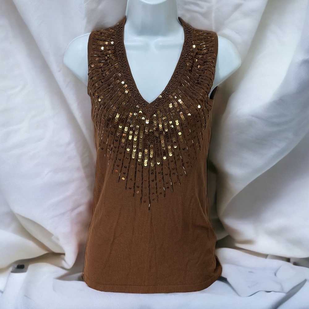 Vintage 90s Y2K CACHE Beaded Sequined Brown V-Nec… - image 4