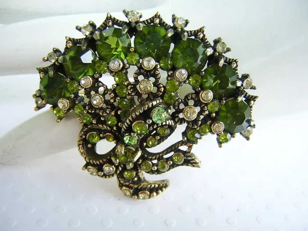 1950 HOLLYCRAFT Opulent Olive Green Rhinestones F… - image 2