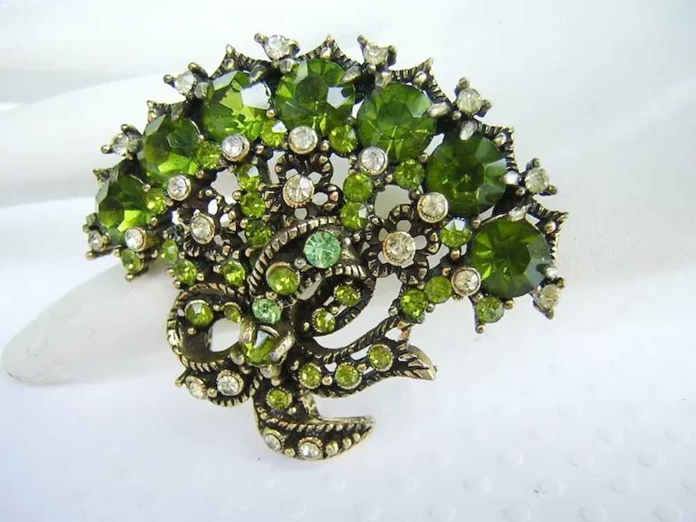 1950 HOLLYCRAFT Opulent Olive Green Rhinestones F… - image 3