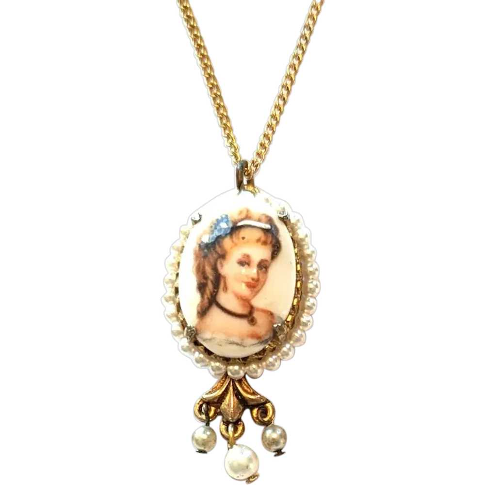 Limoges France Porcelain Portrait Pendant Necklace - image 1