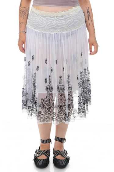 Vintage Y2K White Lace Mesh Black Paisley Skirt - 