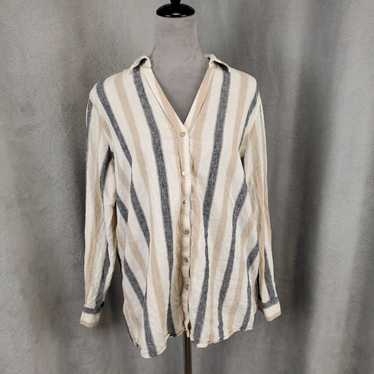 Vintage Tahari Blouse Womens Large Blue White Tan… - image 1