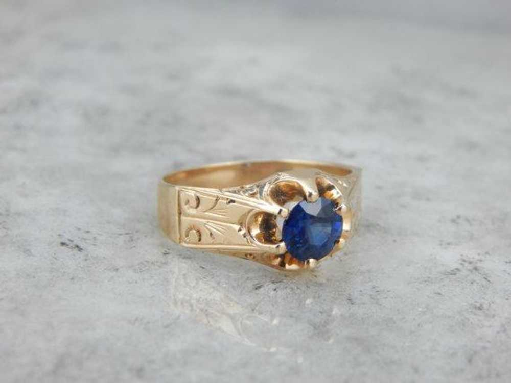 Victorian Carved Setting Blue Sapphire Ring - image 2