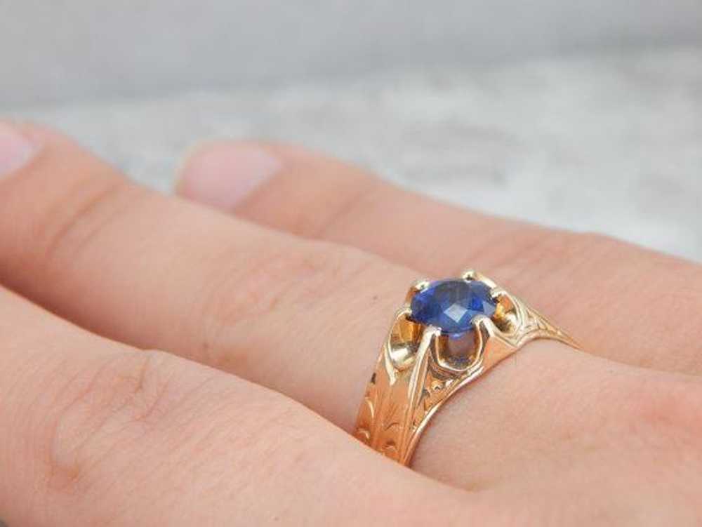 Victorian Carved Setting Blue Sapphire Ring - image 5