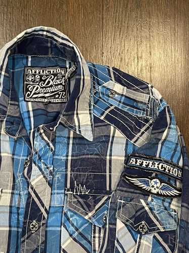 Affliction Affliction blue and white plaid button 