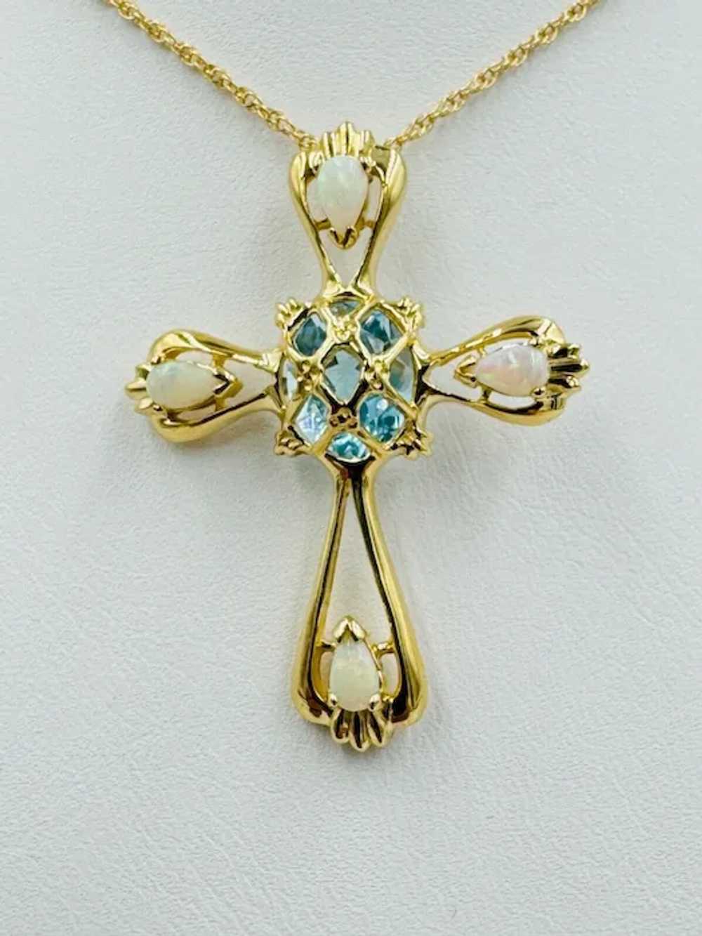 Estate 14k yellow gold Opal Topaz Cross Necklace … - image 2