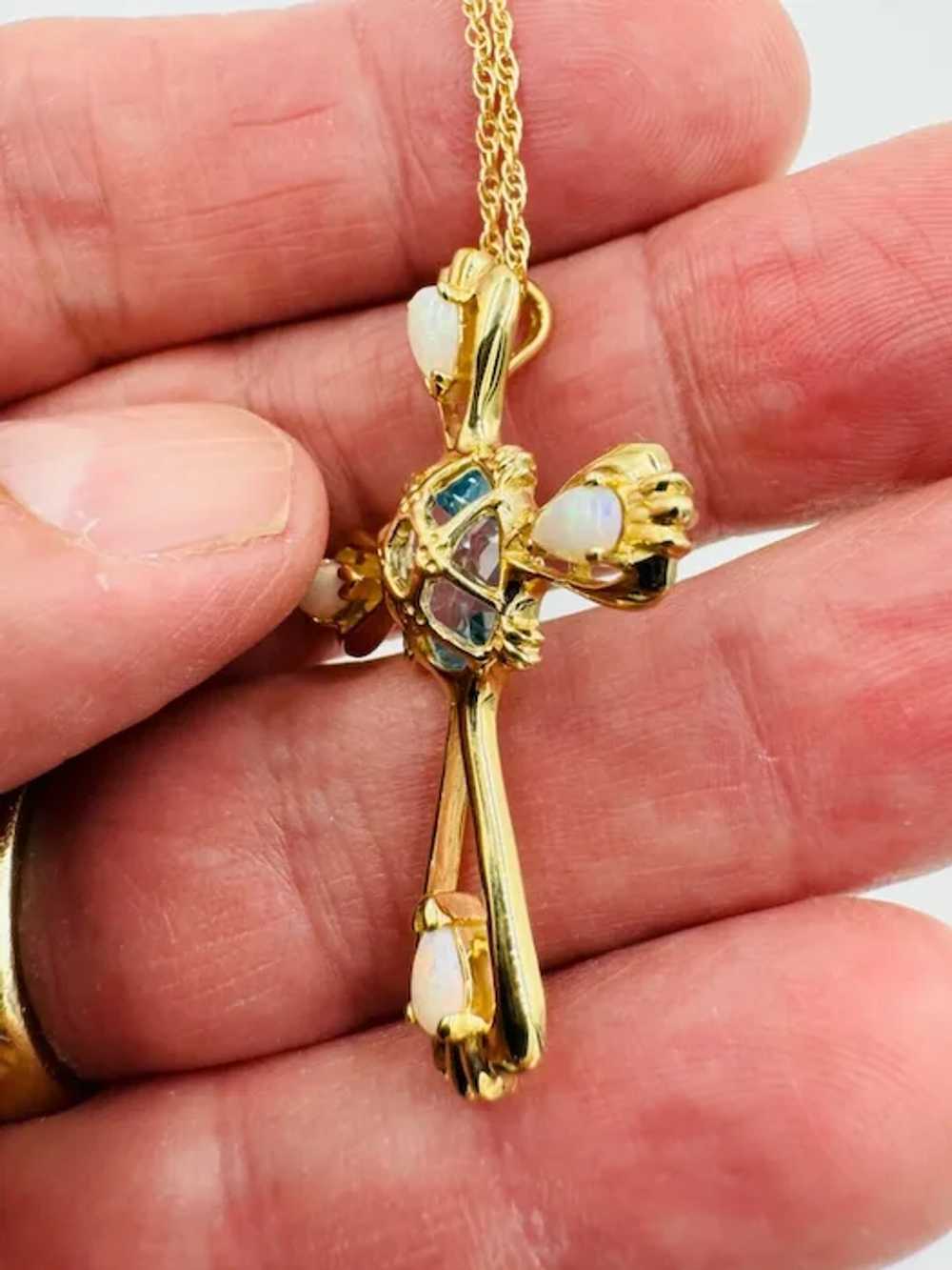 Estate 14k yellow gold Opal Topaz Cross Necklace … - image 3